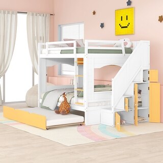 Full Bunk Bed with Trundle, Multiple Shelves, and Stairs, Ensuring Safety