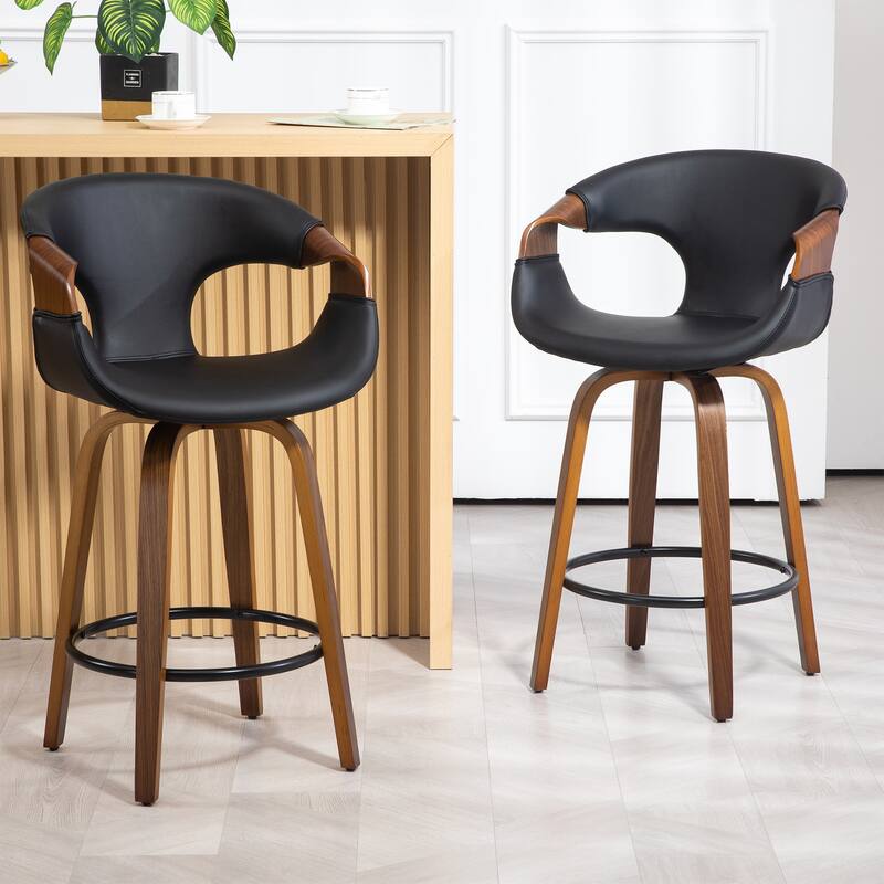 Baylor Black Faux Leather Counter Stool with Walnut Wooden Legs