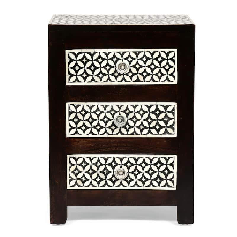 Boho Bone Inlay Nightstand - 3 Drawer Mango Wood, Handcrafted