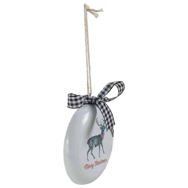 4.5" White and Black Reindeer "Merry Christmas" Disc Ornament