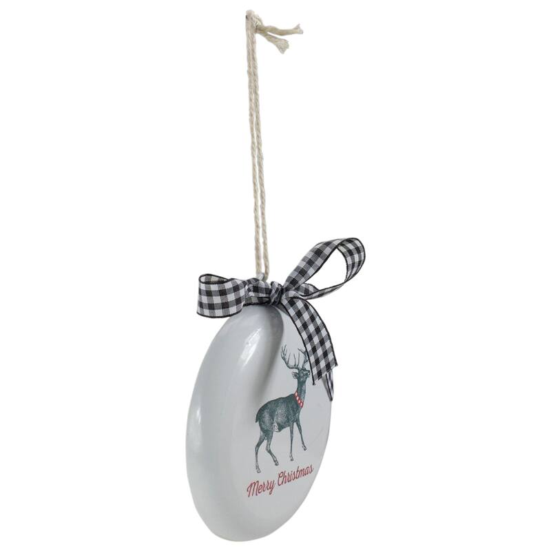 Reindeer "Merry Christmas" with a Plaid Bow Glass Disc Ornament - 4.5" - White and Black