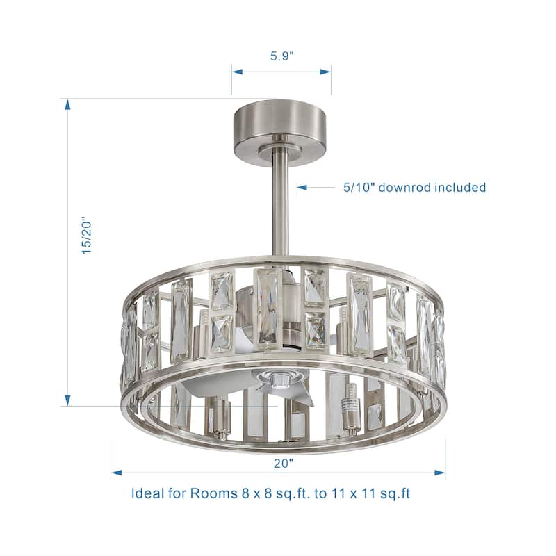 20" Caged Ceiling Fan with Crystal Light Remote Control, Bladeless Chandelier - 20 Inch