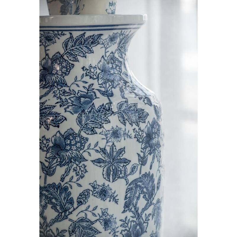 24" Blue And White Chinoiserie Porcelain Urn Table Vase - 11.80