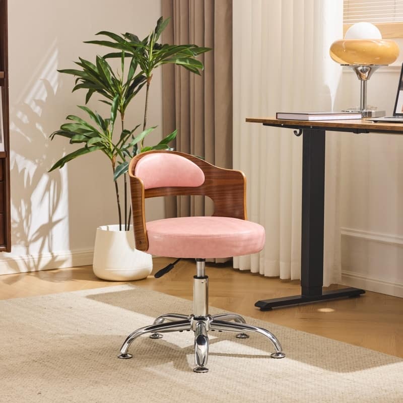 Ring-Shaped Wooden Back Office Chair With Foot Spikes And Wheels - Pink