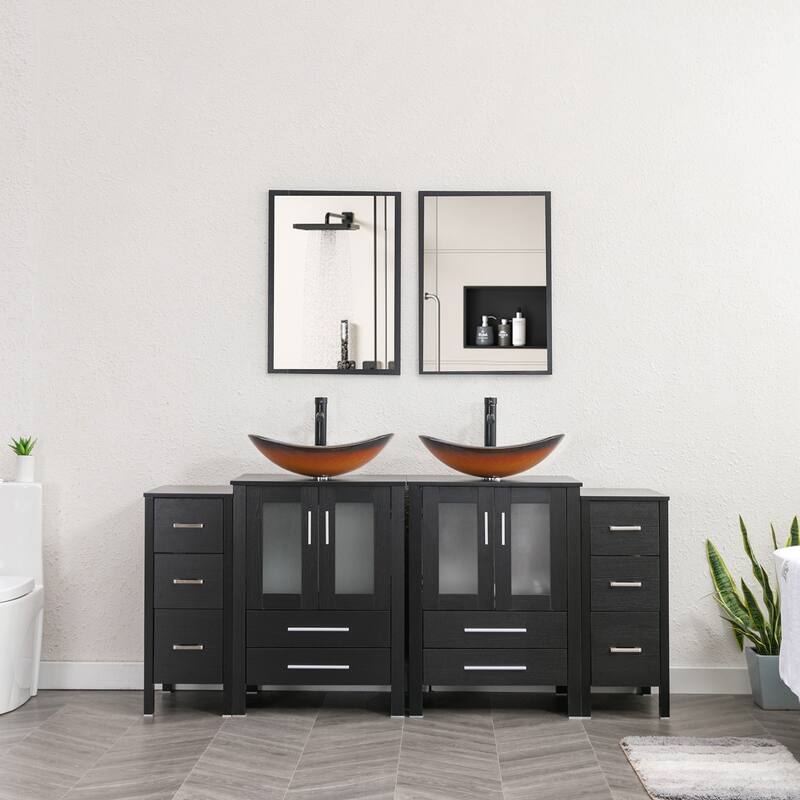 72" Bathroom Vanity Set Vessel Sink Cabinet Mirror Combo - Black - Glass gold boat sink