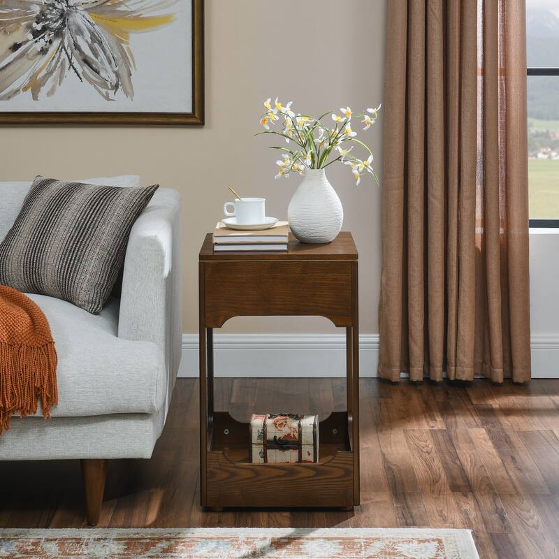 Mid Century Modern Lift Top Side Table with Storage Shelf