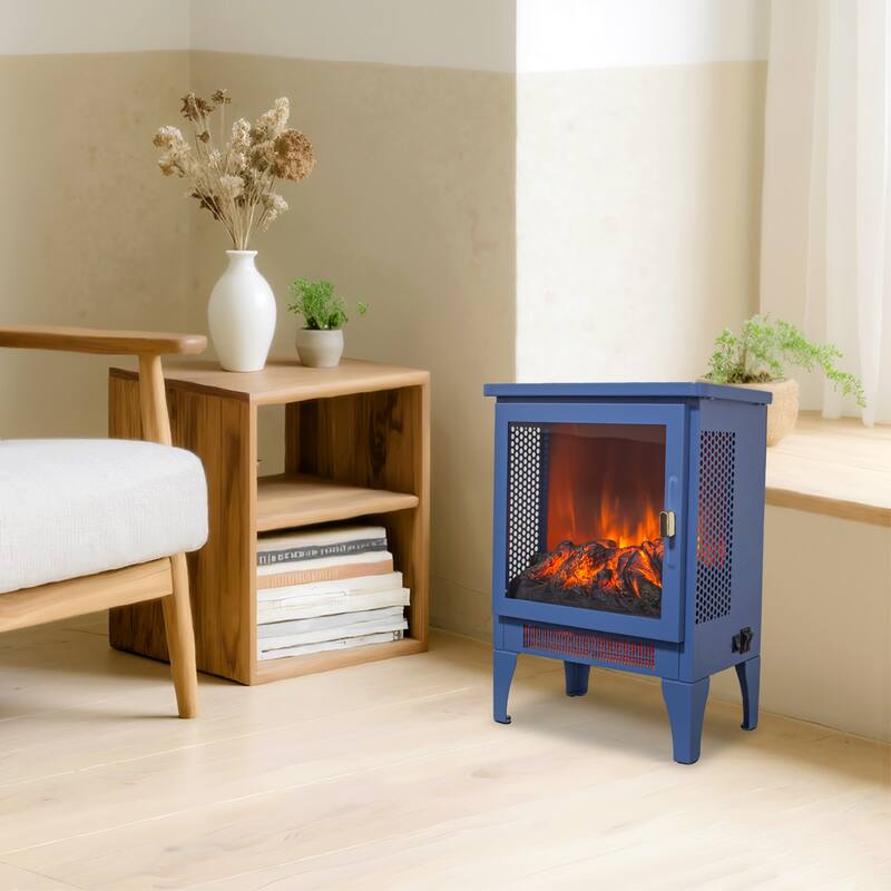 17 Inch Freestanding Electric Fireplace Stove with 3D Flame Effect in Classic Blue