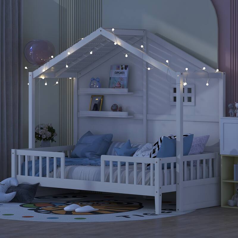 Twin Size House Bed with Shelves and Window, Wood Slatted Frame Platform Bed with Sparkling Light Strip on the Roof Design