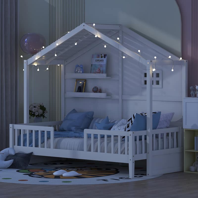 White Twin Size House Bed with Shelves, Window and Sparkling Light Strip on The Roof