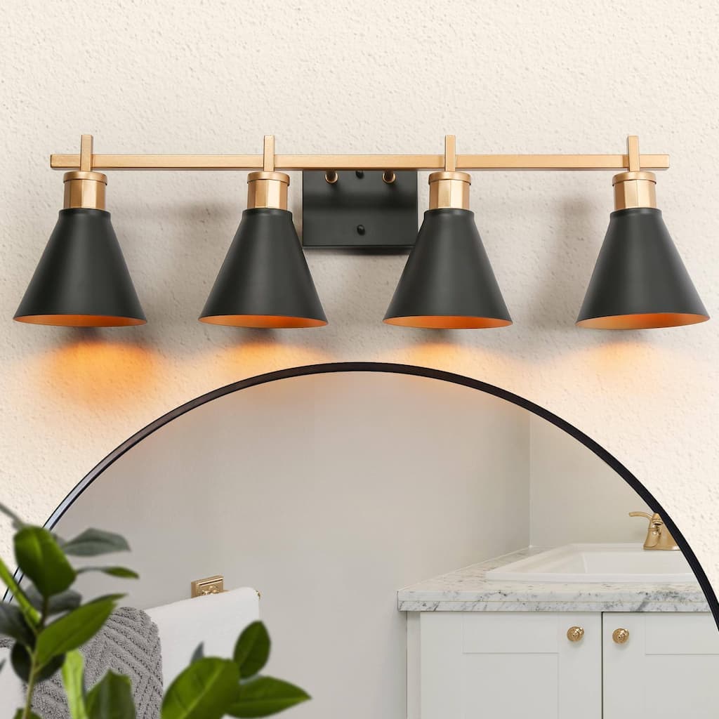 Reuel Modern Black Gold Vanity Light Bathroom 4-Light Metal Wall Sconce for Powder Room - 30.5'' L x 7.5'' W x 8.5'' H