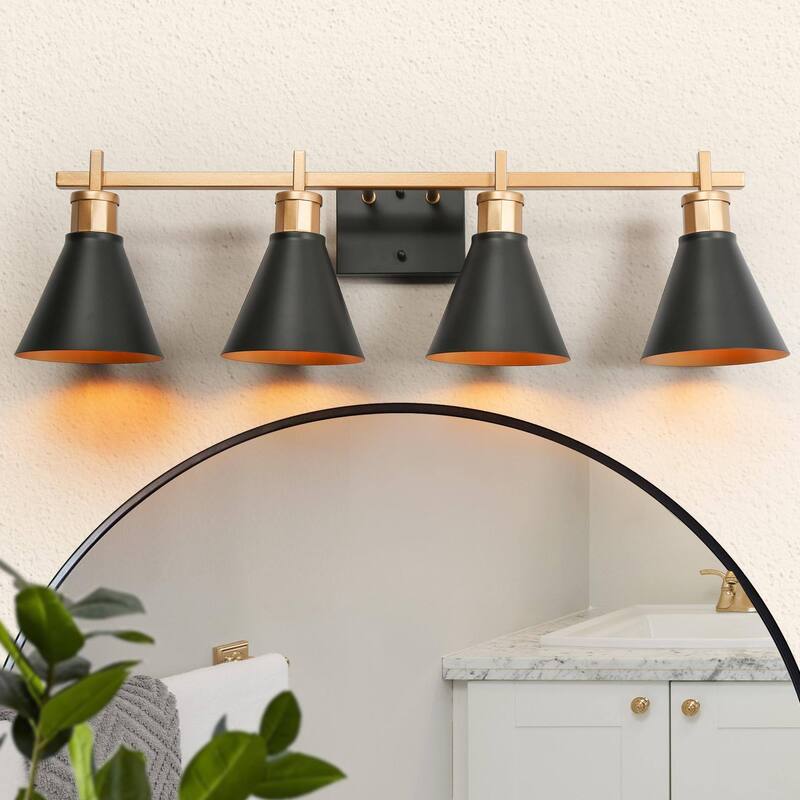 Reuel Modern Black Gold Vanity Light Bathroom 4-Light Metal Wall Sconce for Powder Room - 30.5'' L x 7.5'' W x 8.5'' H