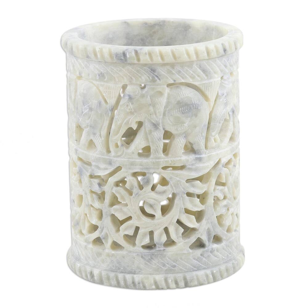 Novica Handmade Botanical Elephant Soapstone Pen Holder