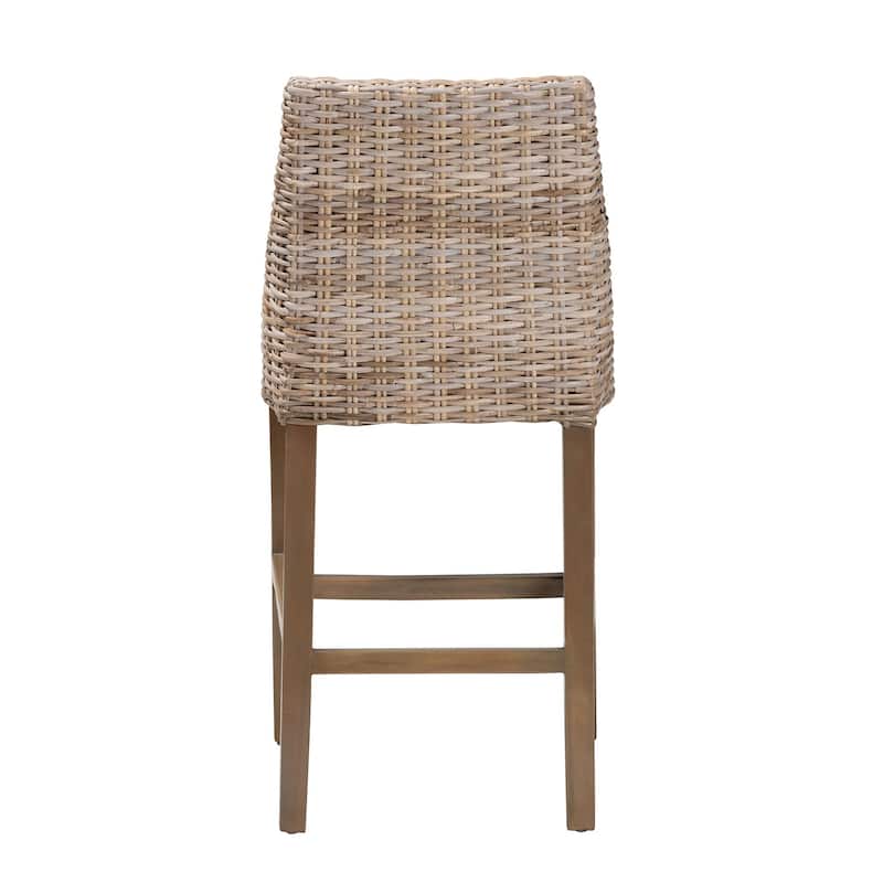 Toby Modern Bohemian Grey Kubu Rattan and Rustic Taupe Finished Mahogany Wood Counter Stool