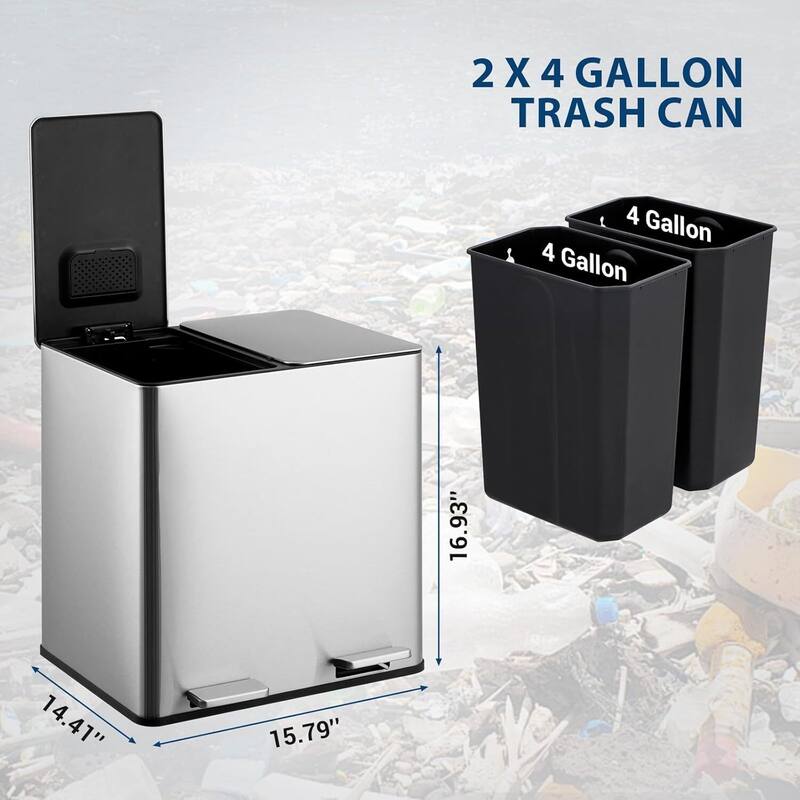2 X 4 Gal Stainless Steel Dual Compartment Step-on Recycling Bin, Trash Can