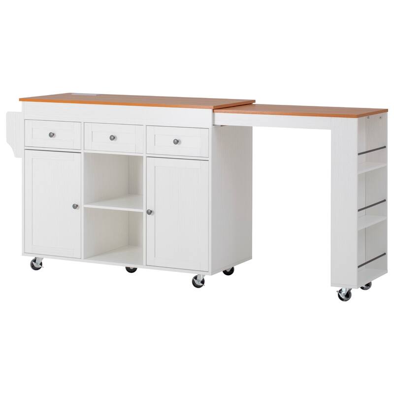 86" Extendable Kitchen Island with Outlets, 3 Drawers & Open Shelves