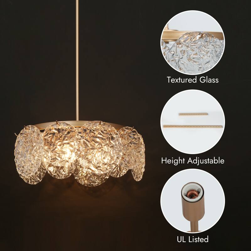 Modern Gold 5-Light Drum Chandelier Art Glass Pendant Lights for Dining Room - 18" D x 8" H