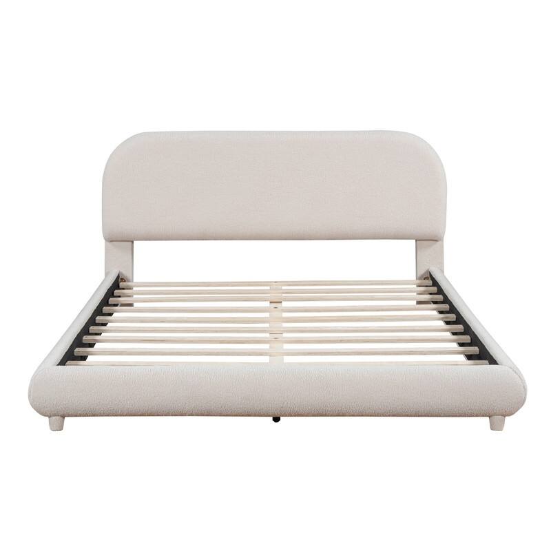 Full/Queen Size Teddy Fleece Upholstered Bed with Thick Fabric, Platform Bed Frame with Headboard & Stylish Curve-shaped Design