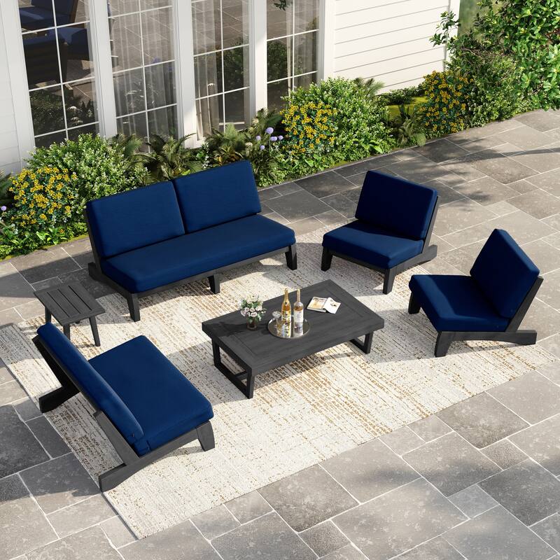 Casual Large Teak Outdoor Patio Conversation Set - Dark Wood - Navy-6 Piece