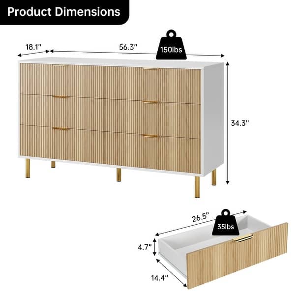 dimension image slide 2 of 4, Modern 6 Drawer Dresser for Bedroom with Gold Handle and Large Drawer