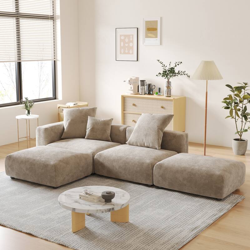 L-shaped Modular Sectional Sofa Corduroy Upholstered Couch with Chaise Ottoman and 3 pillows - Light Brown