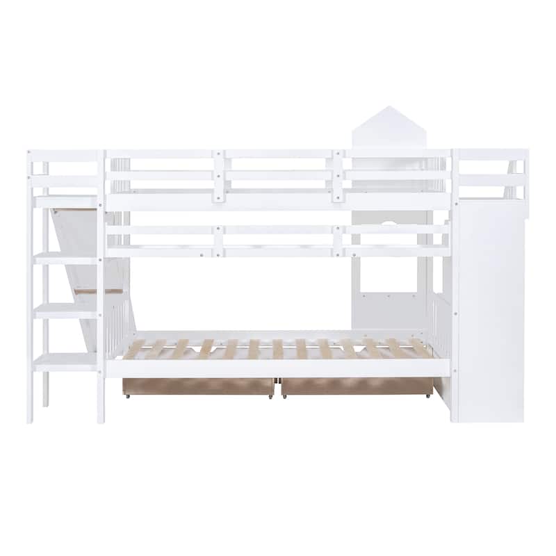 Castle Style Bunk Bed with 2 Drawers 3 Shelves and Slide