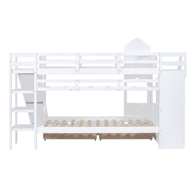 Twin-Over-Twin Castle Style Bunk Bed with Drawers, Shelves, and Slide in White