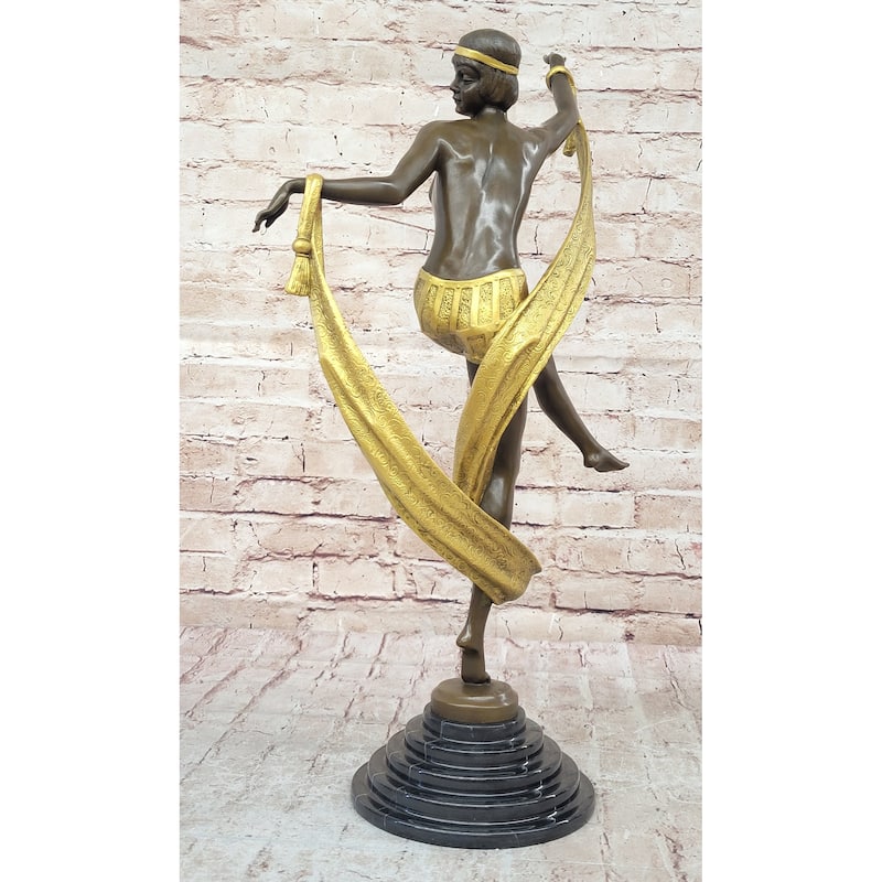 Hot Cast Bronze Art Deco Figural Sculpture Of Topless Ribbon Dancer By Rozet