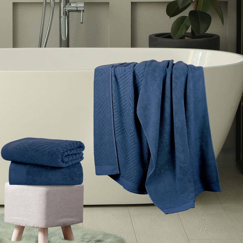 Superior Basketweave Egyptian Cotton Jacquard and Solid Bath Towel Set of 4 - Royal Blue