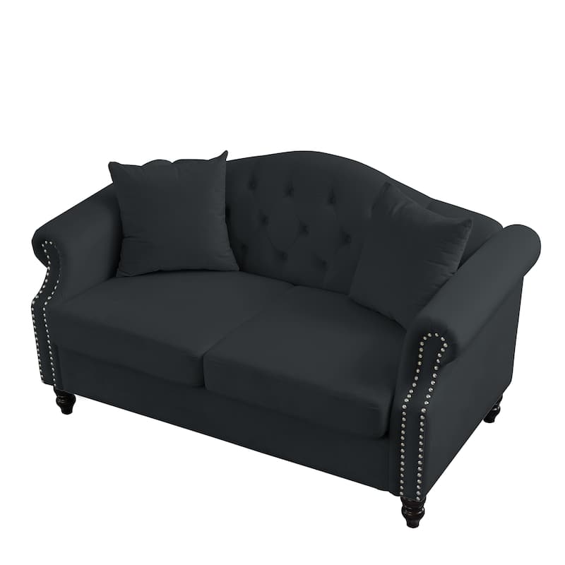 57" Chesterfield Sofa Black Velvet for Living Room, 2 Seater Sofa Tufted Couch with Rolled Arms and Nailhead for Living Room, Be - N/A