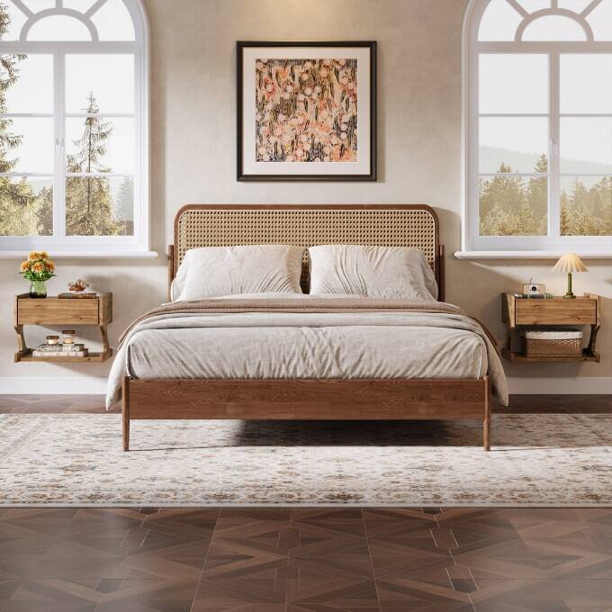 Solid Wood Floating Nightstand, Wall-Mounted Bedside Table with Drawer