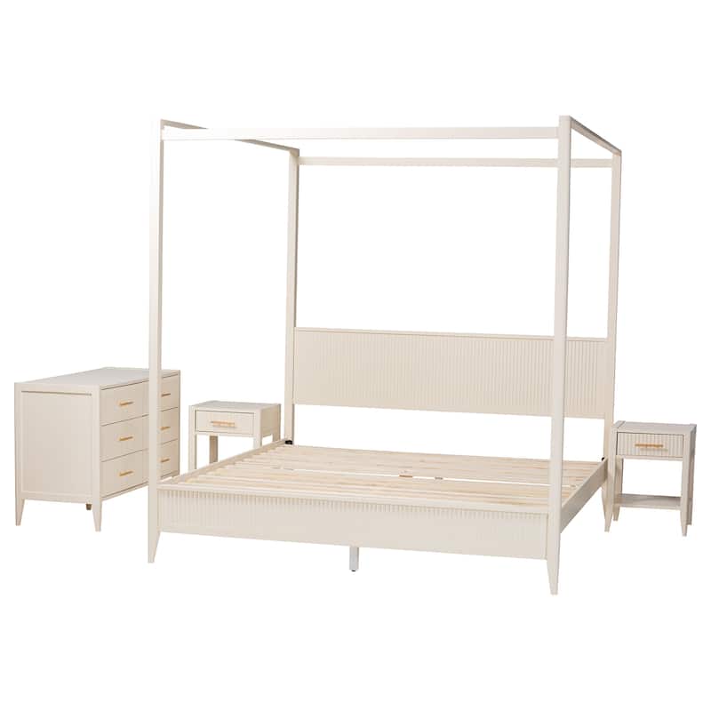 Primrose Mid-Century Fluted Wood 4-Piece Canopy Bedroom Set