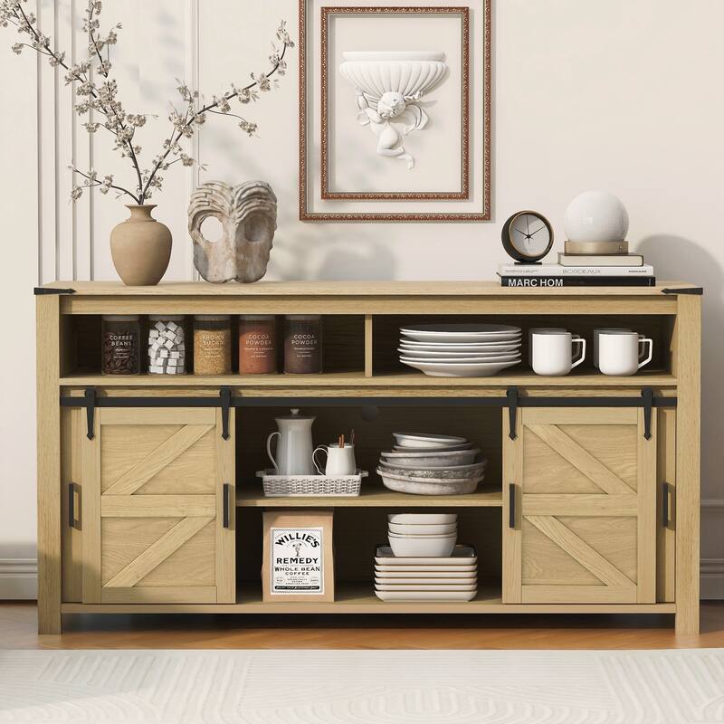 Sideboard with Sliding Barn Door and Mesh Panels,Farmhouse Buffet with Open Storage - Natural