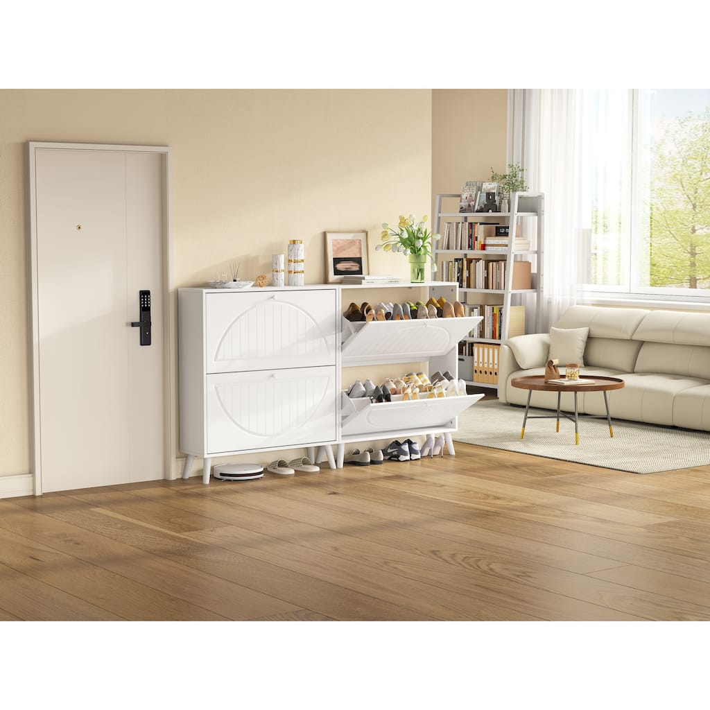 Tipping Bucket Shoe Cabinet, Freestanding Slim Narrow Shoe Rack, Shoe Storage Cabinet with Carved Doors & Solid Wood Legs