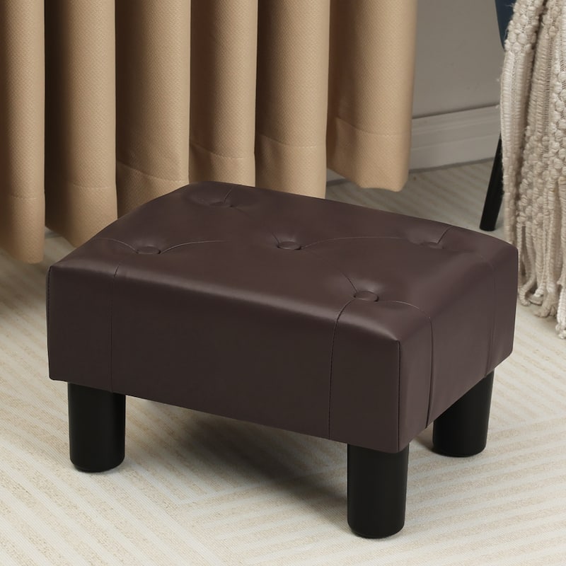 Adeco Button Tufted Foot Stool Rectangular Small Ottoman - Dark-Brown-Faux-Leather