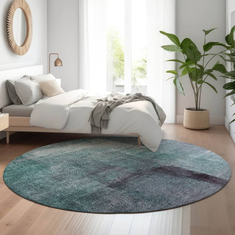Premium Washable Super Soft Brushstrokes Abstract Mayfield Rug - Teal - 8' x 8' - Round
