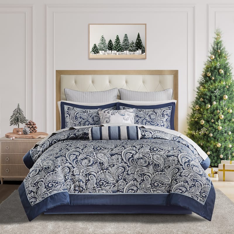 Madison Park Whitman 12 Piece Comforter Set with Cotton Bed Sheets - Navy - Queen