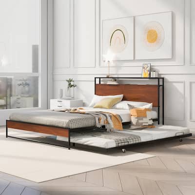 Queen Size Metal Platform Bed Frame with Trundle