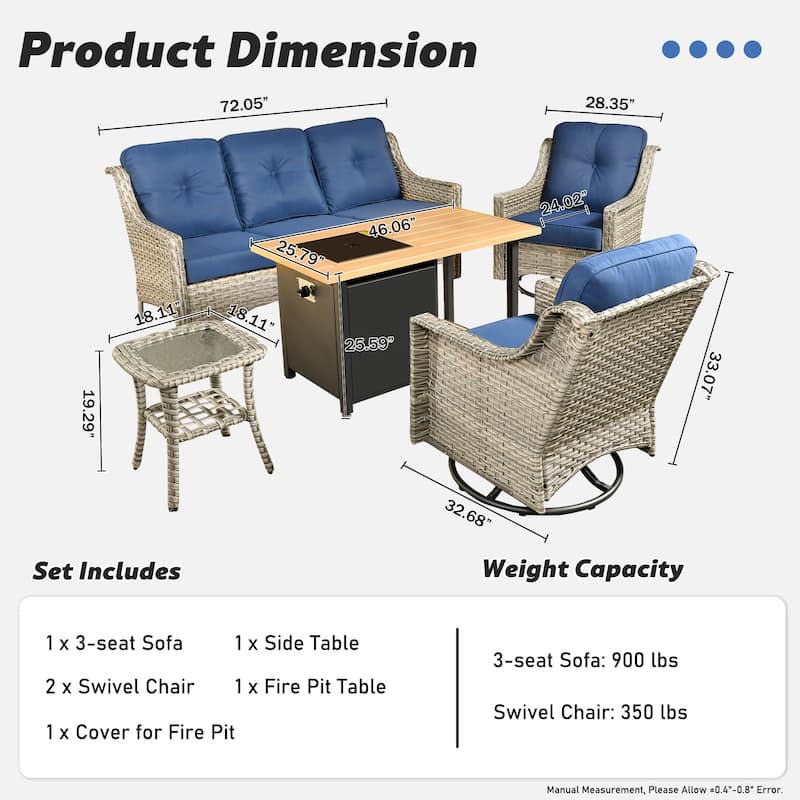 OVIOS 5 Pieces Outdoor Wicker Curved Swivel Chair Set With Fire Table