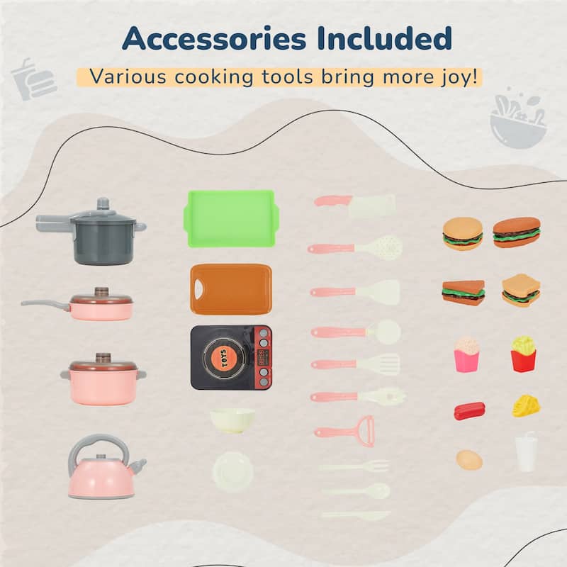 Wooden Play Kitchen Set for Kids, Pretend Cooking Toy, Interactive Kitchen Playset