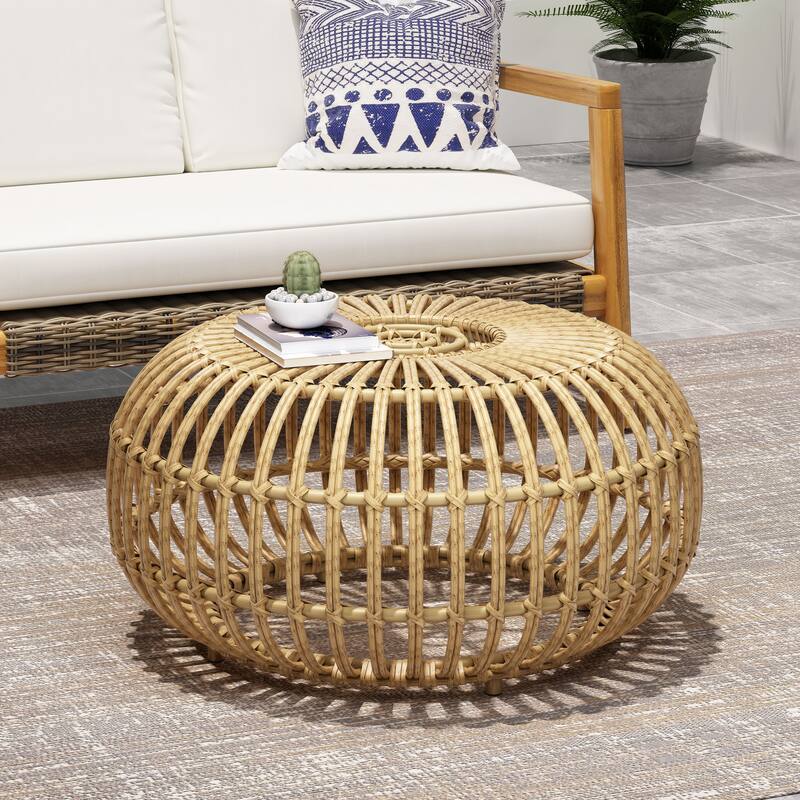 Roomfitters Bohemian Faux Rattan Coffee Table, Handcrafted Round Side Table for Indoor & Outdoor Use, Light Brown