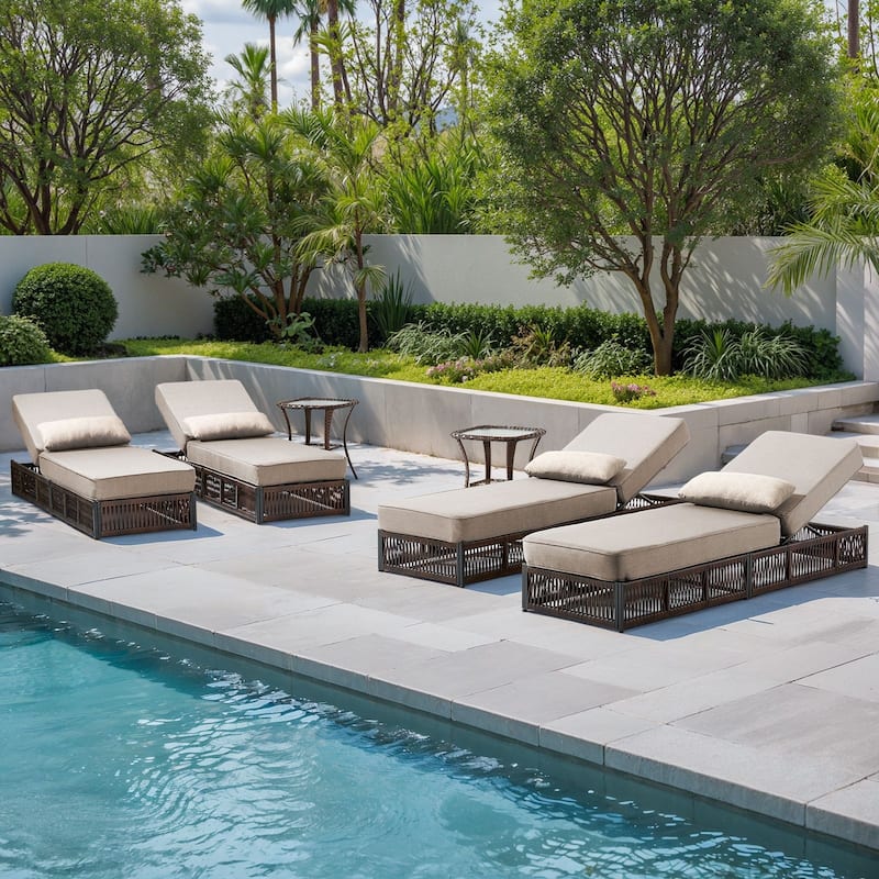 Gymojoy Patio Chaise Lounge Chair, Luxury Recliner with 6-Position Backrest & 5-Inch Cushions Set of 4 with 2 Side Tables - Beige