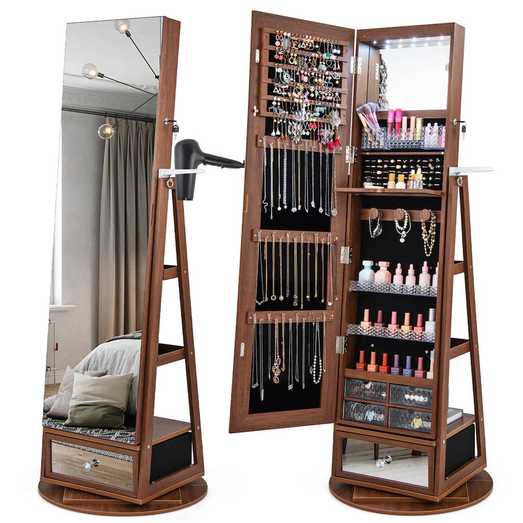 Gymax Swivel Jewelry Cabinet Full Length Mirror w/Built-in Lights