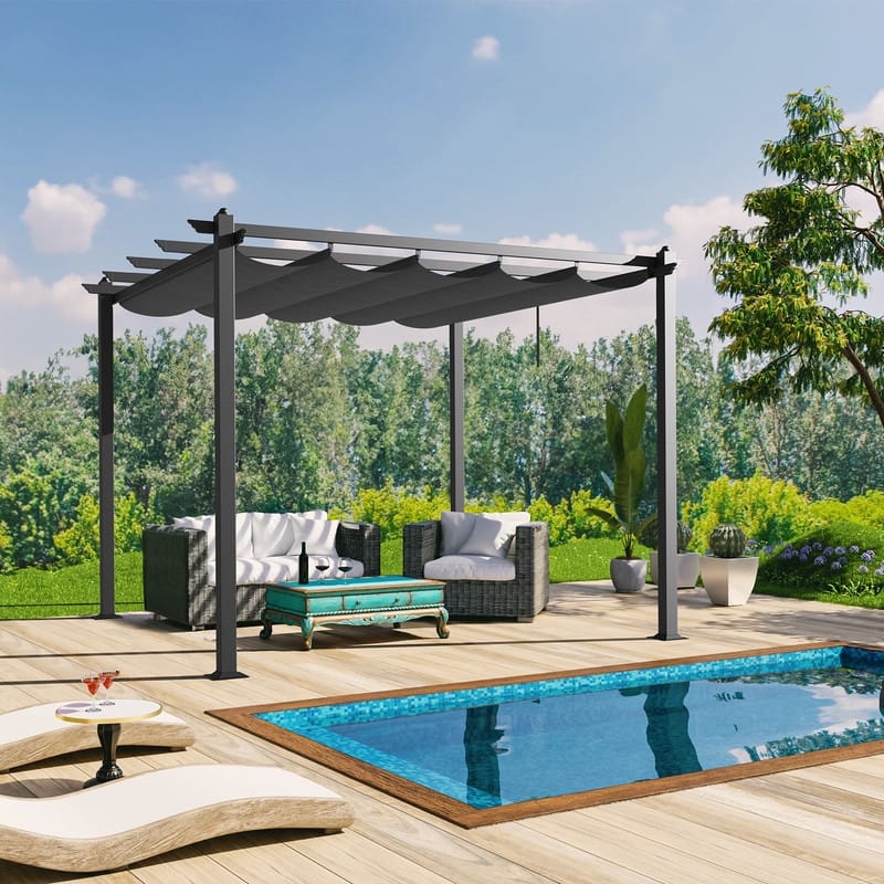 10x10 FT Dark Grey Metal Pergola with Adjustable Top Canopy