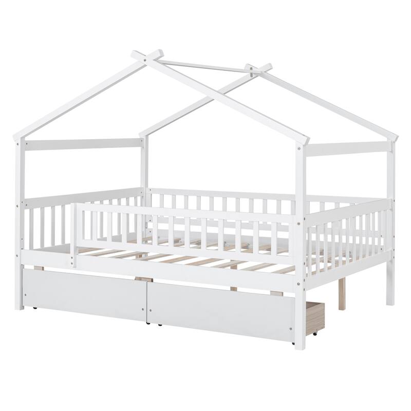 Full Size Wooden House Bed with Two Drawers and Headboard