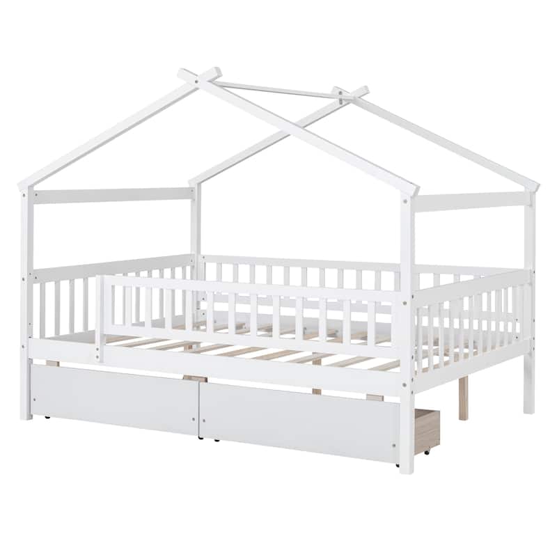 Full Size Wooden House Bed with Two Drawers and Roof for Kids, Boys and Girls, Bedroom