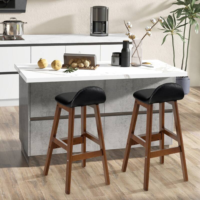 Gymax Set of 4 Upholstered PU Leather Barstools 27.5'' Wooden Dining