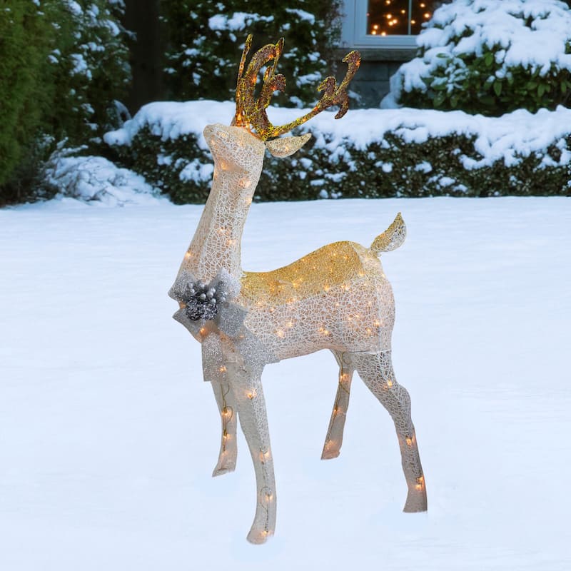 48" White and Gold Lighted Standing Buck Outdoor Christmas Decor