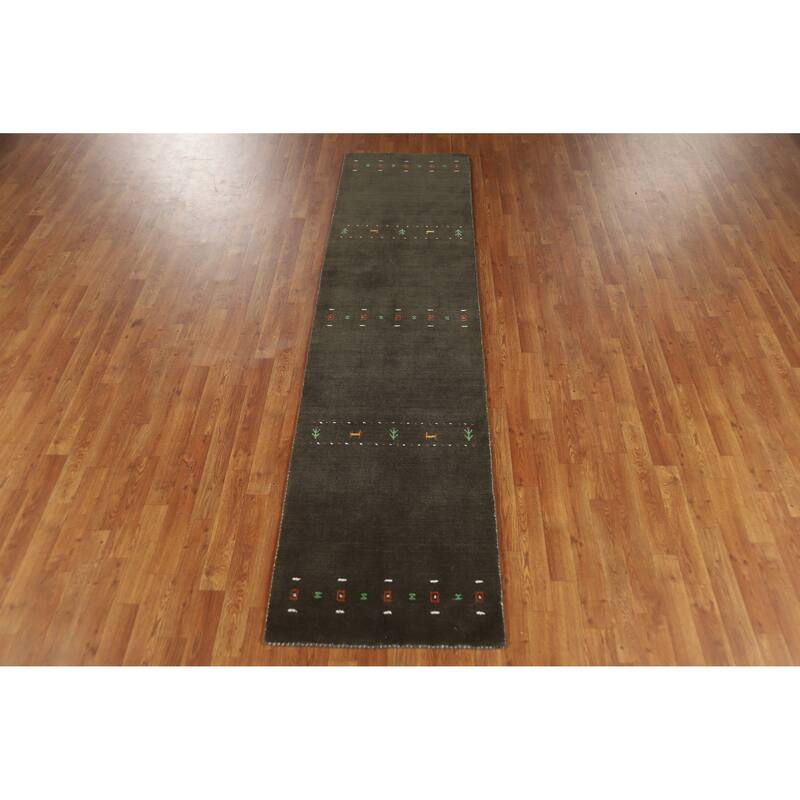 Little Animals Green Gabbeh Indian Runner Rug Hand-Knotted Wool Carpet - 2'4" x 9'2"