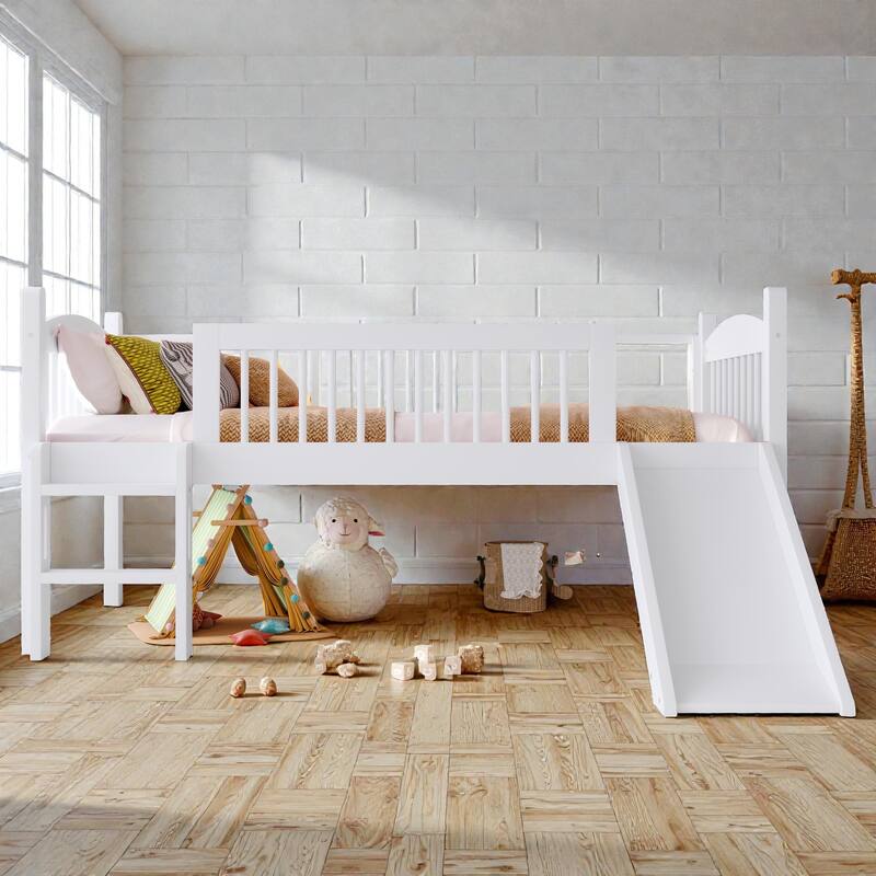 Twin XL/Twin Wood Loft Bed with Storage Shelves, LED Lights, Full-Length Guardrails & Solid Wood Frame, No Box Spring Needed