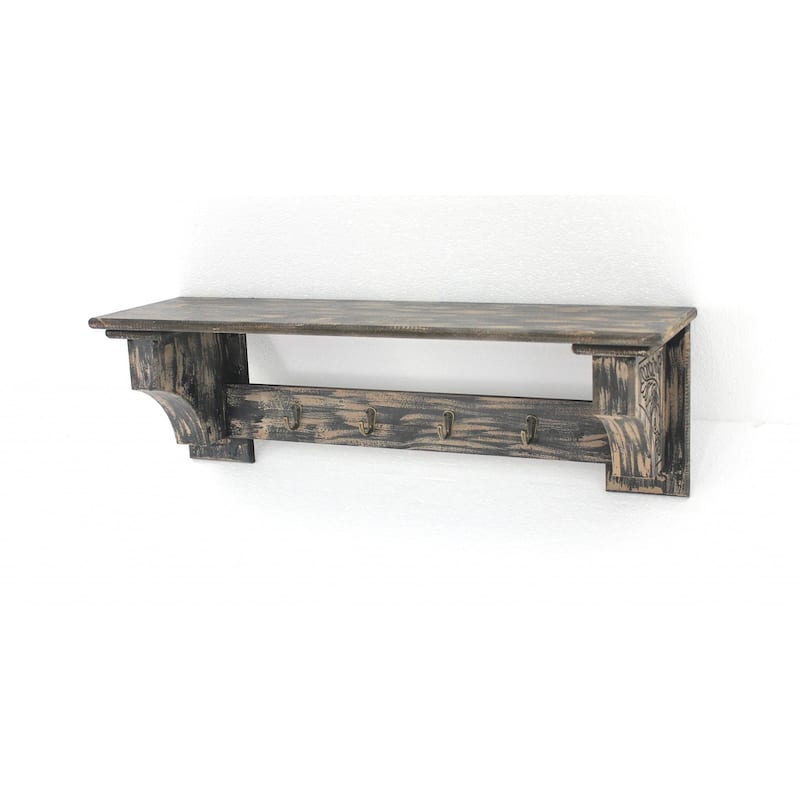 HomeRoots 30" Black Distressed Wood Four Hook Wall Mounted Hanging Coat Rack - 8" x 30" x 9.75"